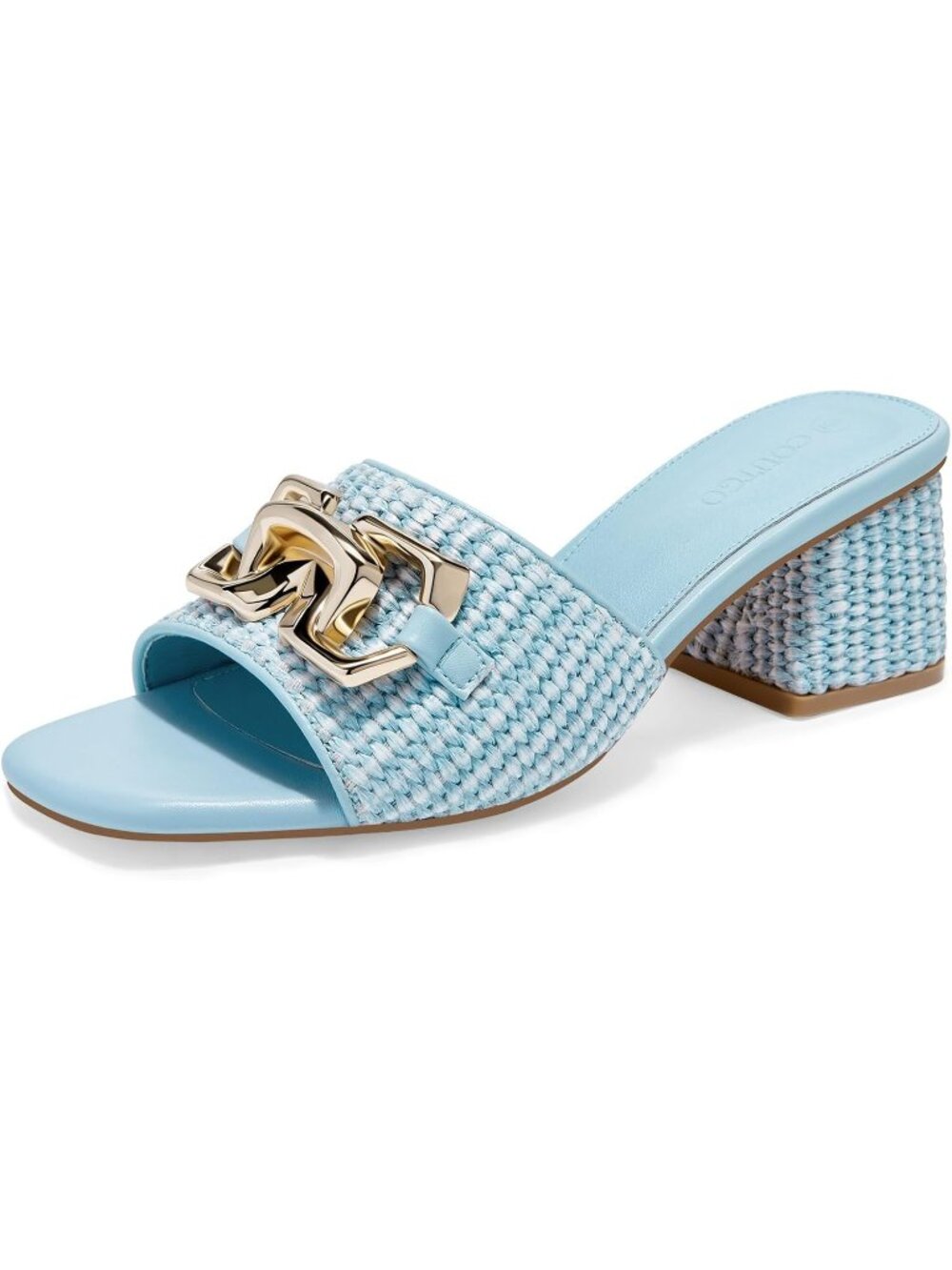 Women's Sky Blue Square Open Toe Metal Chain Chunky Block Heeled Slip on Shoes